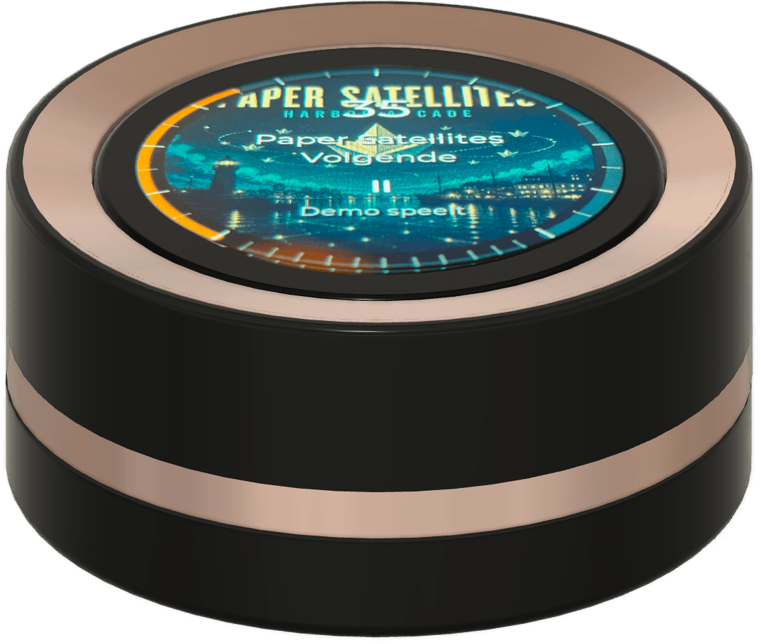 Zwarte Music Dial met koperen accenten en de albumhoes van Paper Satellites